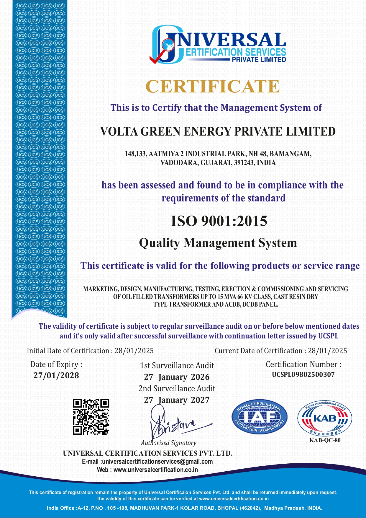 ISO 9001:2015 Certification for Volta Transformers