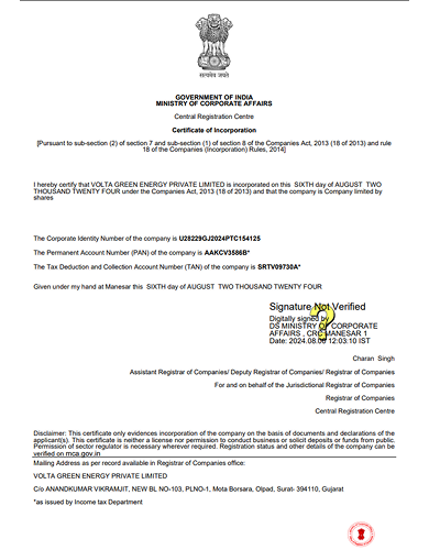 Certificate of Incorporation - Volta Green Energy Pvt Ltd